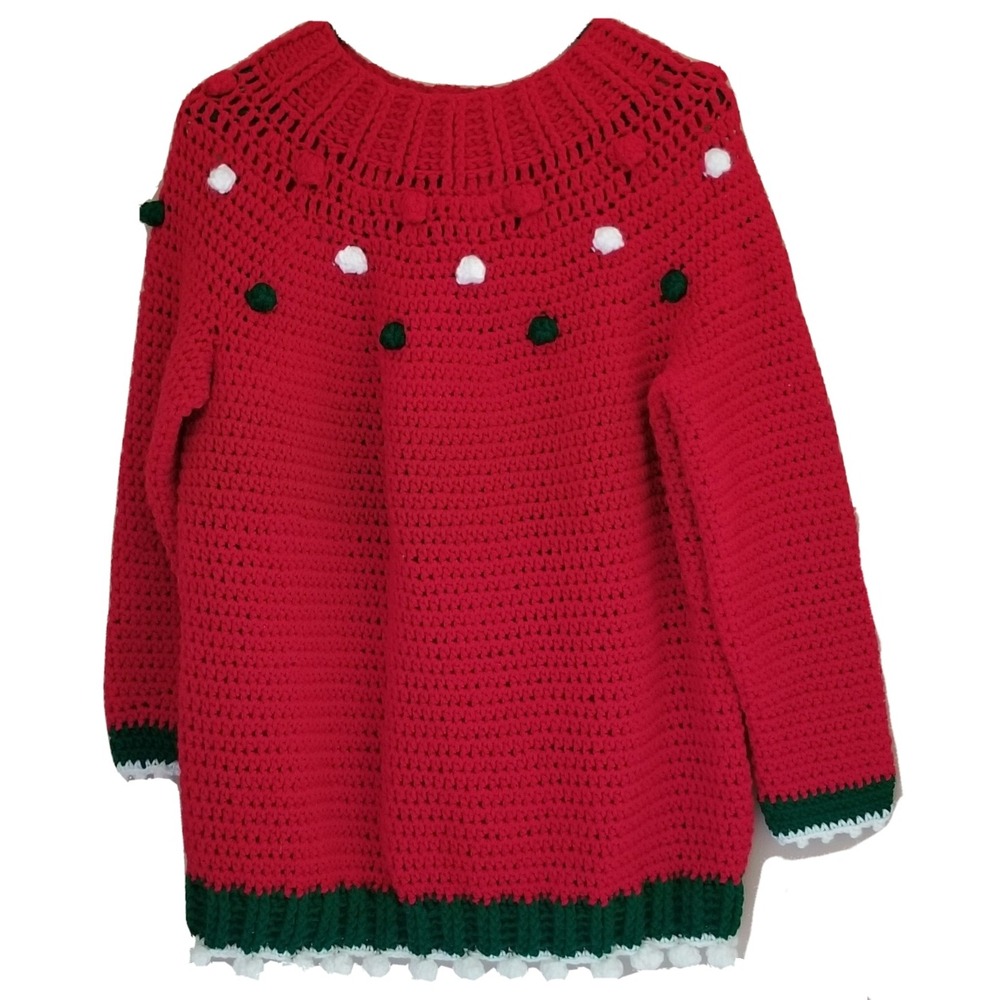 Hand Crochet Pull-On Round Neck Loose Fit RED Christmas Sweater Women's One Size